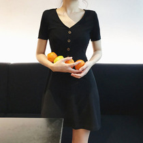 Balloon Flower Retro Little Black Dress 2020 Summer New Dress South Korea V Collar Repair First Love Little Sub Black Dress