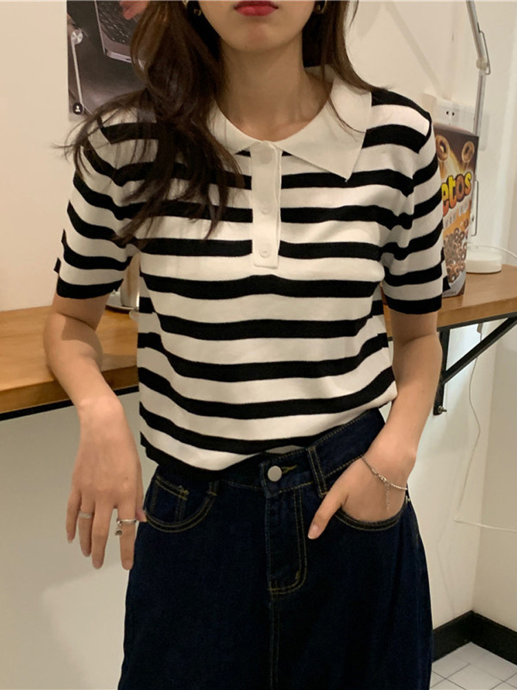 POLO collar knitted short-sleeved t-shirt 2021 new Korean version design niche high waist short striped chic top