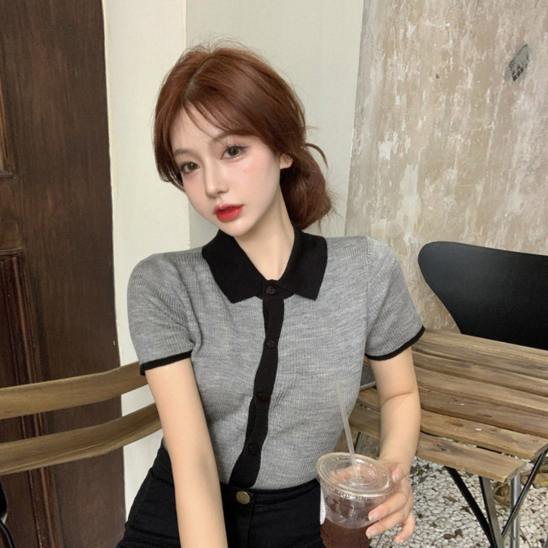 French girl gentle wind top short-sleeved design female niche all-match POLO shirt T-shirt slim knitted sweater summer