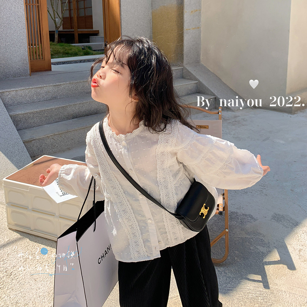 Cream KIDS Girl White Shirt 2022 Summer New Foreign Pie Children Lantern Sleeve Shirt Baby Long Sleeve Blouse