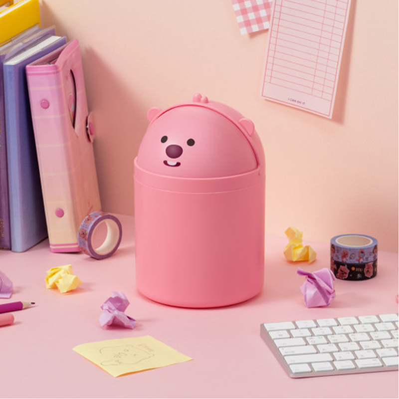 Korean Pink Loopy Beaver Ruby Office Desktop Trash Can with Lid Small Paper Basket Storage Bin