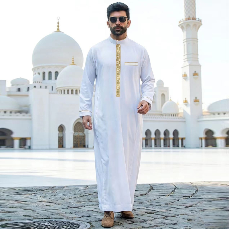 Arab Men White Thobe Moroccan Men's Robe with Stand Collar and Embroidery, Large Size Robe, African Ethnic Long Gown