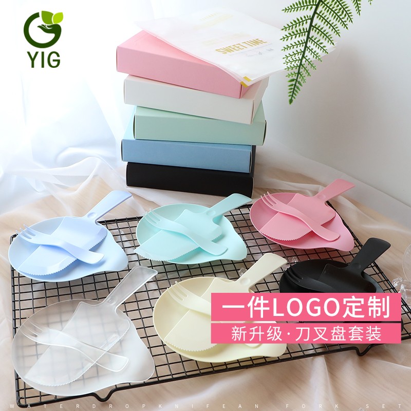 Plastic disposable tableware birthday cake knife and fork set transparent picnic water drop plate knife and fork plate custom