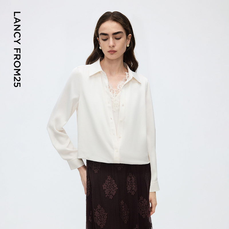 Langzi 25 Acetate Lace Patchwork Design Loose Shirt, Stylish and Chic Top for Commuting, New Autumn Collection