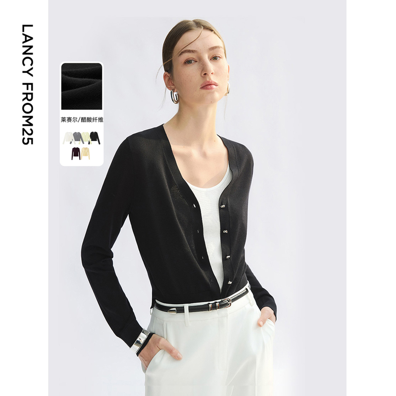 Langzi 25 Summer New Lyocell Wool Knit Cardigan Top Elegant and Sophisticated Black Sweater for Women Langzi 25 Summer New Lyocell Wool Knit Cardigan Top Elegant and Sophisticated Black Sweater for Women