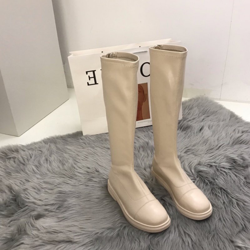 Hong Kong women's boots long boots spring and autumn 2021 new white temperament over-the-knee mid-length flat-bottomed knight boots