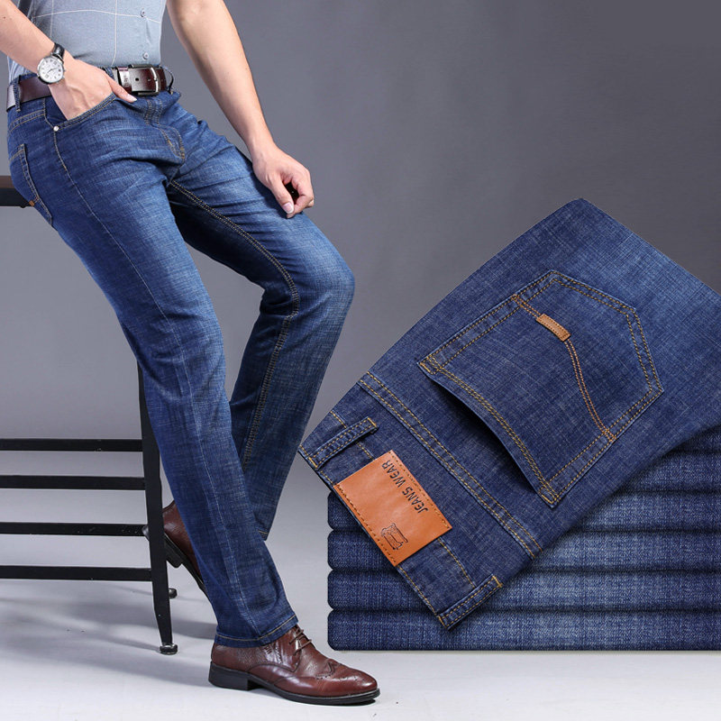 Summer elastic jeans Men's straight cylinder mid waist large size and