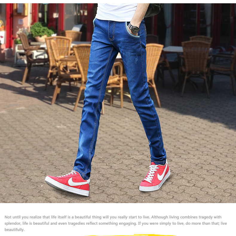 Mùa hè mỏng stretch nam jeans nam casual slim feet quần Hàn Quốc phiên bản của xu hướng của đen thẳng quần dài