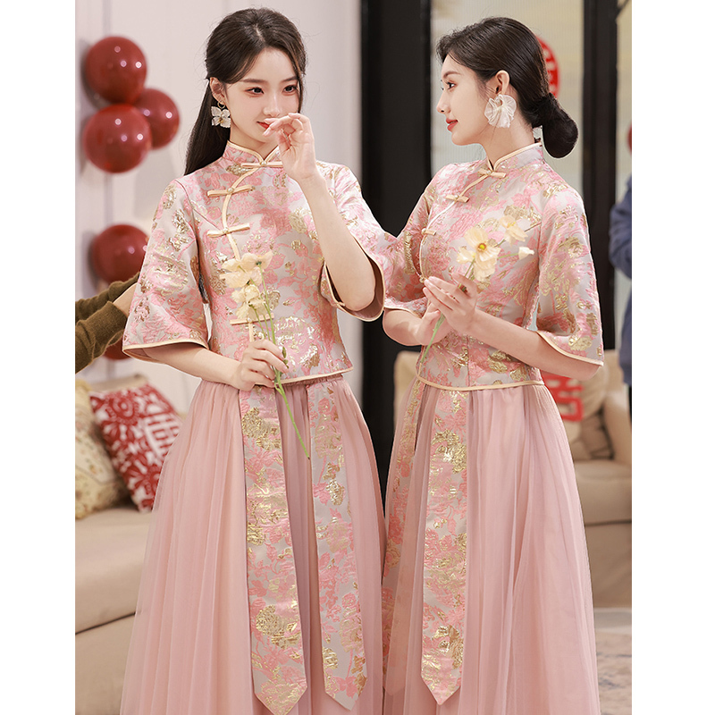 Pink Bridesmaid Dress for Women 2026 New Style New Chinese Style Sister Group Dress Xiuhe Chinese Style Wedding Bestie Dress Slimming Pink Bridesmaid Dress for Women 2026 New Style New Chinese Style Sister Group Dress Xiuhe Chinese Style Wedding Bestie Dress Slimming