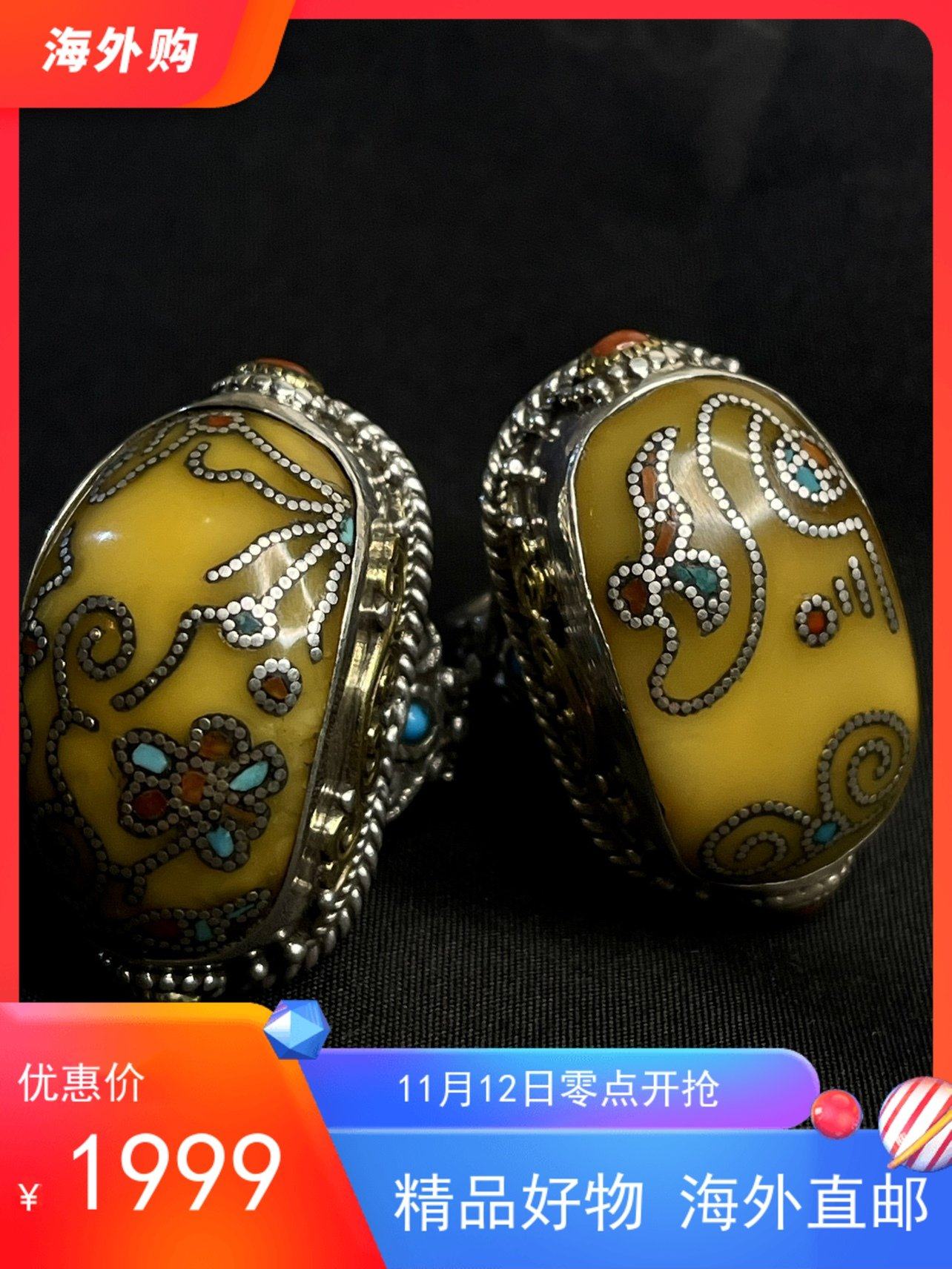 Nepal's new old honey wax inlaid patch process 925 silver alive design of men and women's ring