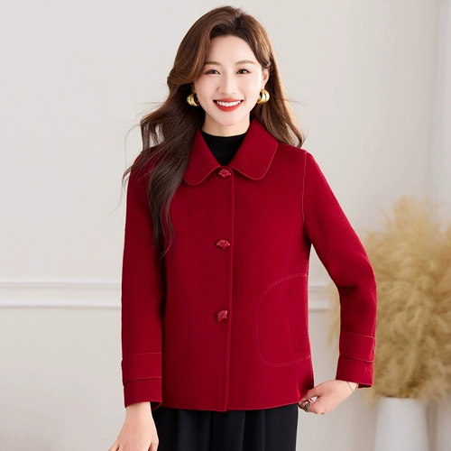 Демисезонное шерстяное пальто, короткая шерстяная красная двусторонная куртка для матери, для среднего возраста