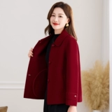 Демисезонное шерстяное пальто, короткая шерстяная красная двусторонная куртка для матери, для среднего возраста