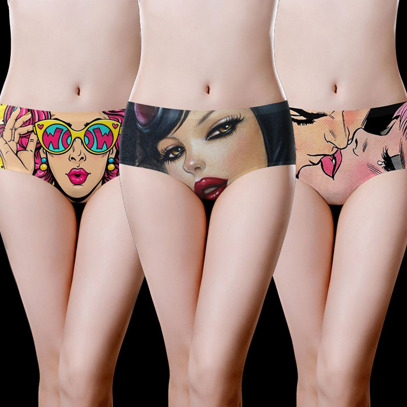 Trendy brand European and American personalized printed underwear seamless underwear female ice silk style mid-waist girl thin section sexy briefs