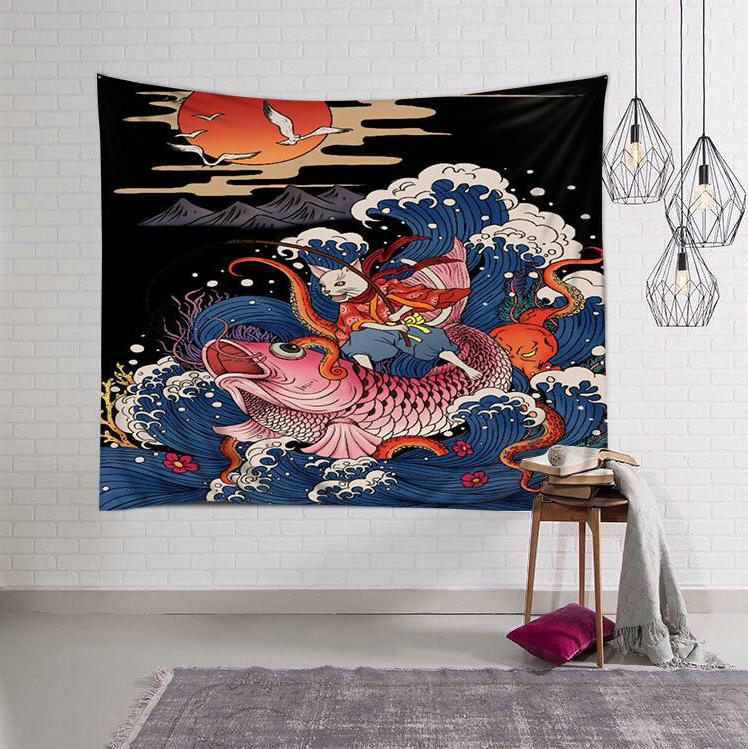 Mèo mực chuyển ukiyoe tranh Bắc Âu gió treo vải nền tường trang trí vải tường tấm thảm sofa khăn trải bàn thảm treo tường trang trí