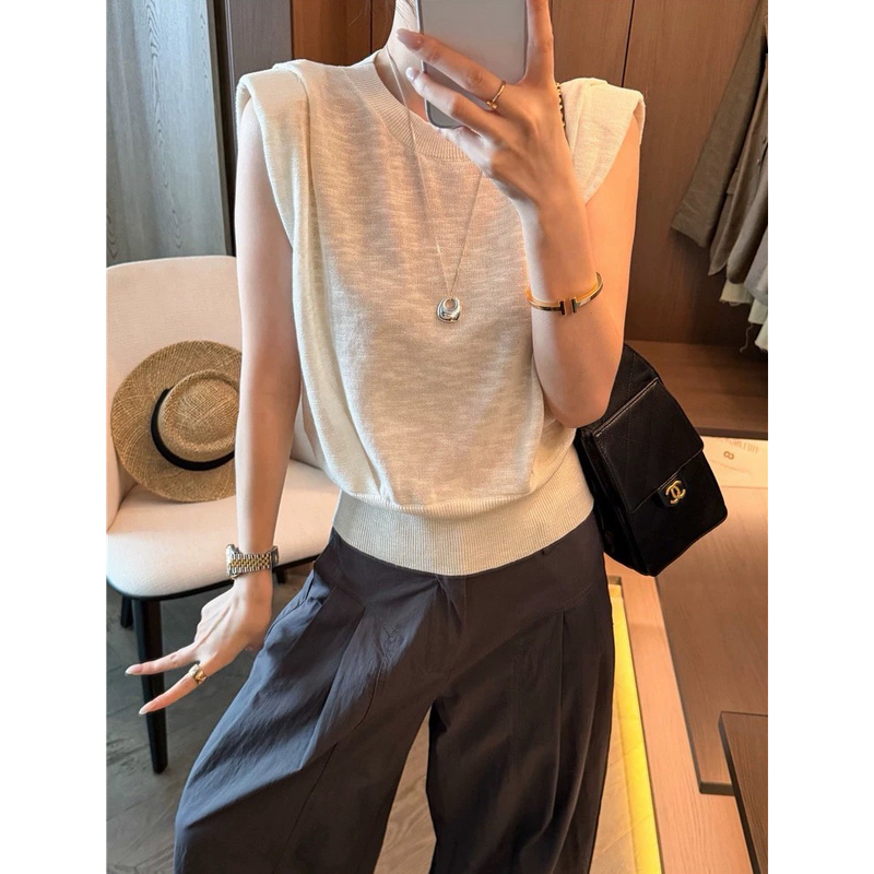 [Liu Dafa] New Korean Style Slimming Versatile Fashionable Age-Reducing Design Round Neck Fixed Shoulder Pad Knit Sweater for Summer