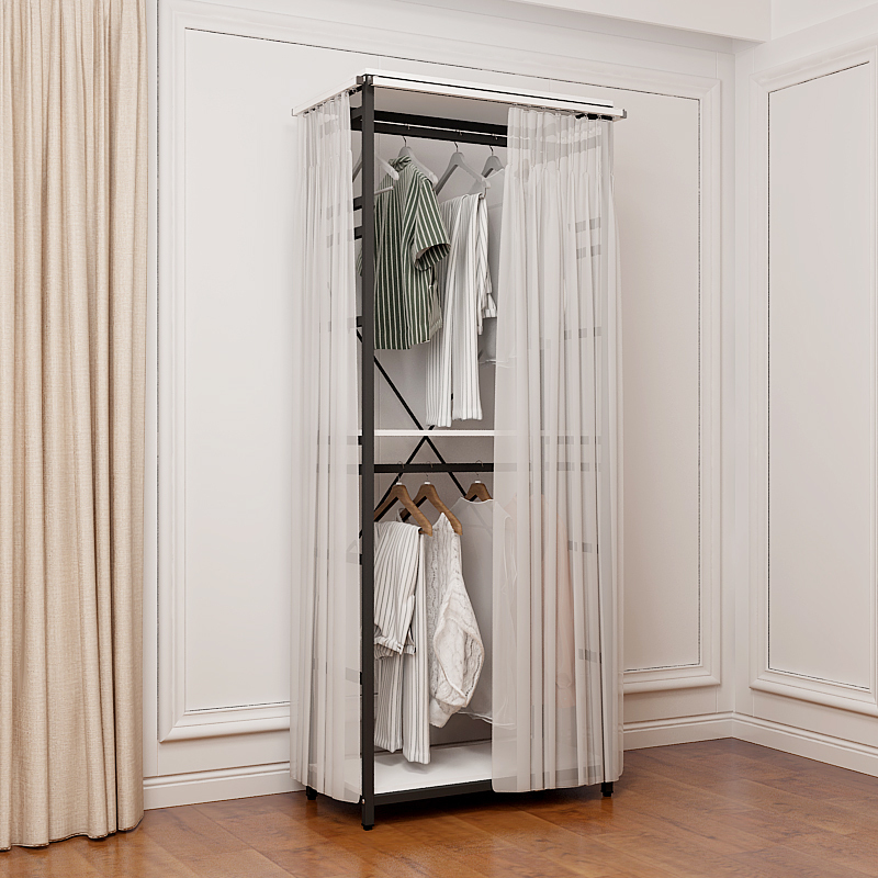 Customizable Thickened and Reinforced Open Wardrobe Floor-Standing Coat Rack Double-Layer Clothes Rack Dust-Proof Curtain Metal Cloakroom