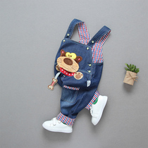 Baby denim backpack pants spring and autumn cute baby soft children widen boys autumn children Foreign style single pants