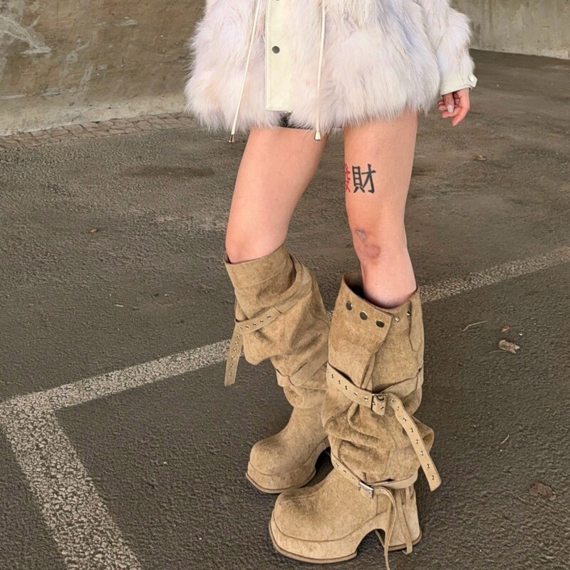 Korean Niche Style Large Buckle High-Heeled Stacked Boots, Height-Increasing and Slimming Over-The-Knee Boots, Affordable Alternative Korean Niche Style Large Buckle High-Heeled Stacked Boots, Height-Increasing and Slimming Over-The-Knee Boots, Affordable Alternative