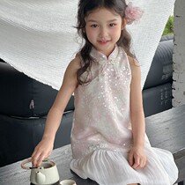 YAS girls new Chinese style Tang suit Hanfu cheongsam dress Chinese style sequin plate button stand collar sleeveless cheongsam dress