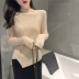 2018 mùa thu mới mỏng không đều đáy áo sơ mi cài nửa cao cổ áo pit dài tay áo len áo sơ mi nữ gile len Vòng cổ áo len