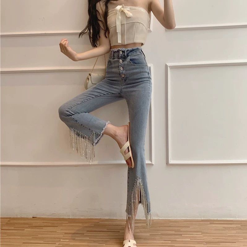 2019 Mùa hè mới Retro Mặt dây chuyền Quần jeans Quần lửng cạp cao Quần ống loe siêu nhỏ Quần chín - Cộng với kích thước quần áo