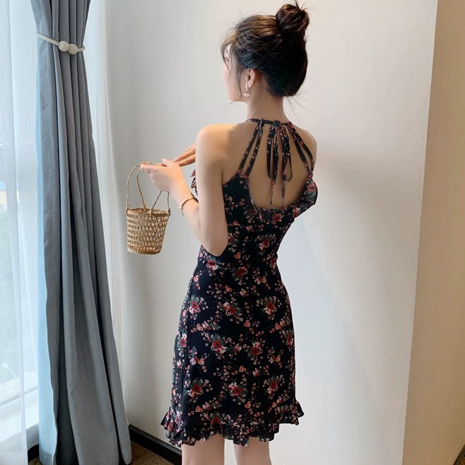 2020 hè mới retro gợi cảm backless váy eo hoa váy Xuanya váy ngắn đình chỉ váy - Váy eo cao