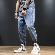 Hong Kong Tidal Wave Spring Autumn Season New Day Series 90% Denim Pants Men Splicing Breaking Holes Youth Vitality Bunches Pants