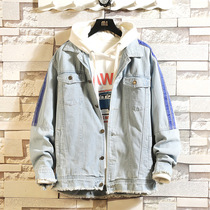 Hong Kong Tide Cards New Bf Wind Washed Denim Jacket Mens Day Ensemble 100 Hitch Youth Loose Big Code Striped Jacket