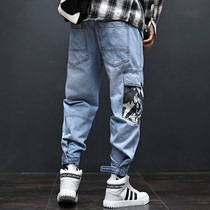 Hong Kong Tide brand spring and autumn jeans mens fat large size loose Korean lace-up tooling nine-point cone pants