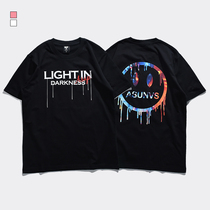 Hong Kong Tide Cards Smiley Face Short Sleeve Men Loose Pure Cotton Print T-Shirt Trending Street Letter Personality Couple Body Shirt