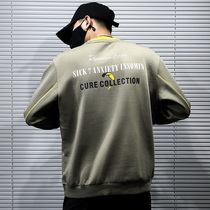 Hong Kong Tide Card Day Department Round Collar Guard Clothing Male Port Wind 100 Hitch Gaffe Relaxation Big Code Personality English Striped Long Sleeve Man