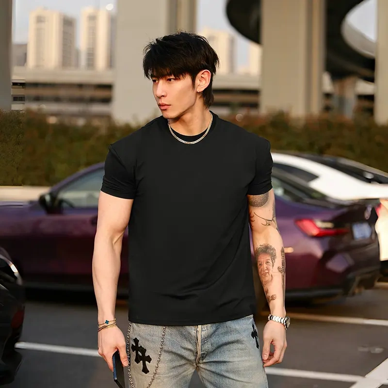 2025 Spring and Summer Fitness Cuffs Short-Sleeved Soft Shell Cloning Cotton Round Neck Small Neckline Men's Sports Casual Quick-Drying T-Shirt