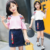 Childrens clothing girls summer clothing suit 2021 summer new girl off-the-shoulder trendy clothes large childrens short-sleeved two-piece suit