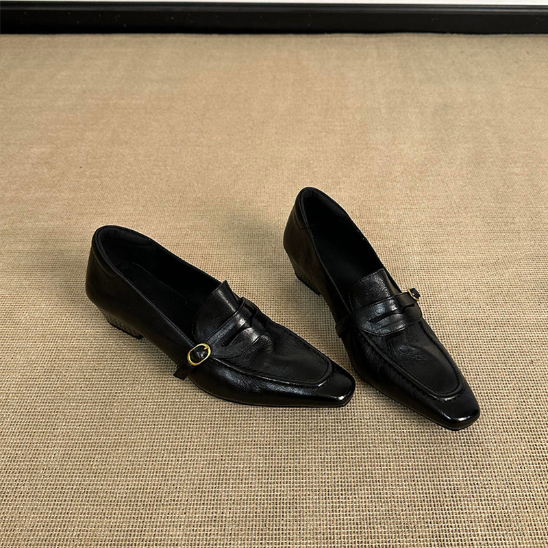 Sheepskin Version ~ Retro Square-Toe Chunky Heel Loafers for Women, Commuter Shoes, Elegant Slip-On Shoes with Belt Buckle, Small Leather Shoes