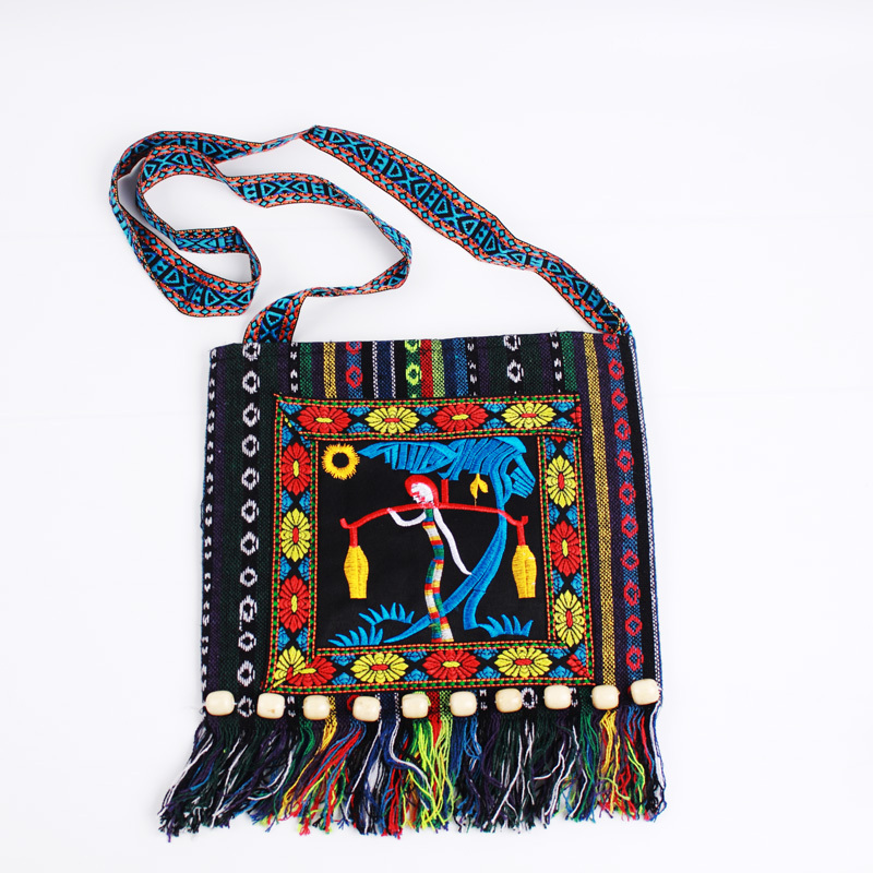 Miao and Tujia Ethnic Groups in Yunnan, a Minority Ethnic Group, Tassel-Embellished and Beaded Embroidered Linen Shoulder Crossbody Bag for Women with Wooden Beads