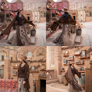 Ideal Vintage Bohemian Ethnic Style Coffee-Colored Lace Patchwork Shawl Large Scarf for Women in Their Thirties for Travel Photography