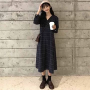 Mùa thu và mùa đông mới chic Hàn Quốc retro kiểm tra v-cổ dài tay đầm nữ hoang dã slim dress Một váy từ