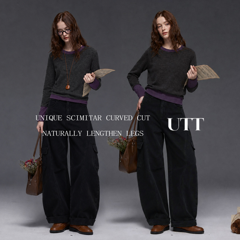 Utaotuo "Earl Black Tea" American-Style Scimitar Workwear Jeans for Women, Casual Loose Slimming Wide-Leg Pants