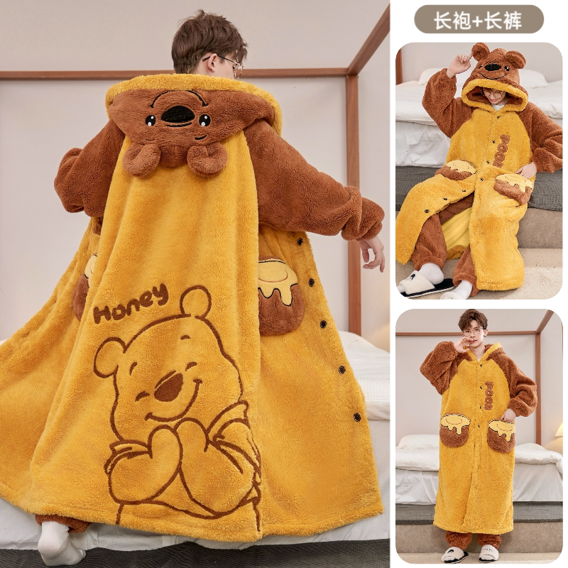 Men's Winter Long Hooded Pajamas, Youth Loungewear, Cartoon Loose Fit, Fleece-Lined, Thickened, Plus-Size Coral Fleece Set