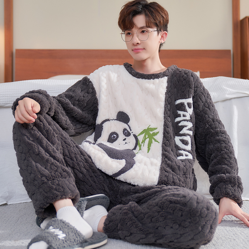 Pajamas for Men in Autumn and Winter, Coral Velvet Fleece-Lined and Thickeneded Long-Sleeved Flannel Youth Cartoon Warm Home Wear Set