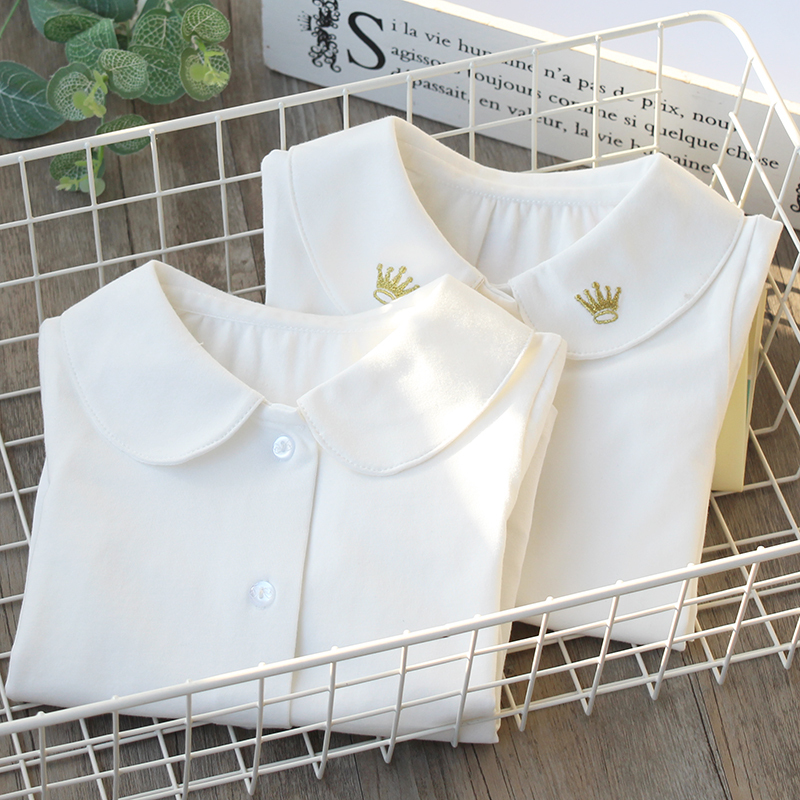 Girls' White Shirt, Spring and Autumn Long-Sleeved Inner Top, Pure Cotton Kidsren's White Bottoming Shirt, Stylish Baby Lapel Shirt