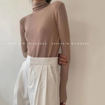Divine base shirt high collar oatmeal color thin 2021 autumn and winter Korean wind thread cotton slim pile collar t-shirt women ins
