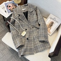 Shopping mall brand leaked womens tweed coat womens mid-length loose and slim retro plaid blazer