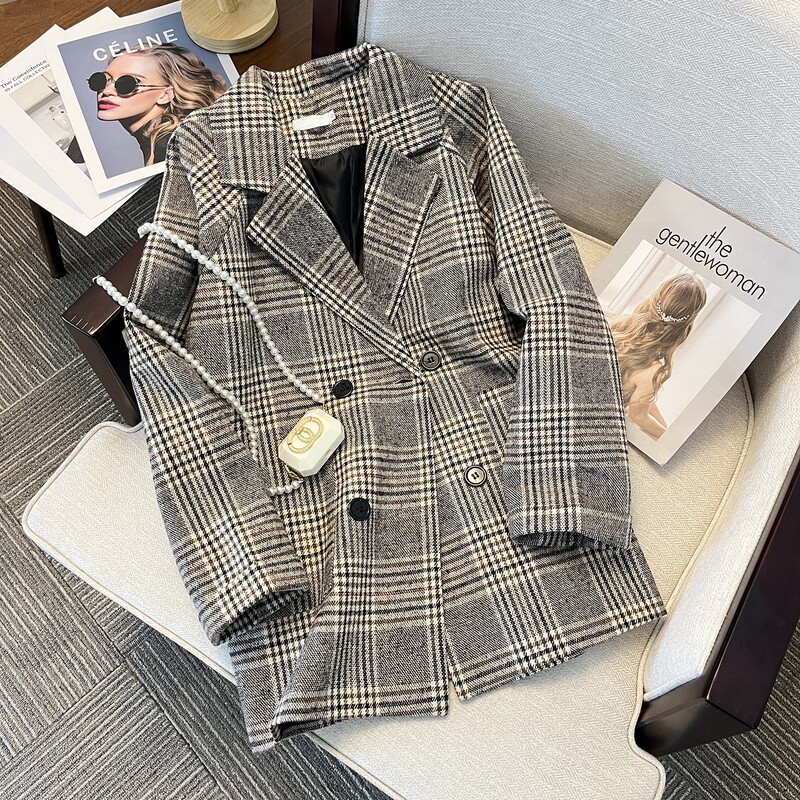 Shopping Mall Brand Leaked Women's Tweed Outwear Women's Mid-Length Loose Slimming Look Retro Plaid Blazer