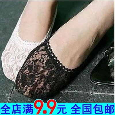 Korean version of women's anti-drop-off light-mouth lace floral side boat socks Invisible grid ship Sox Summer hit bottom socks 