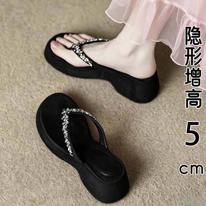 British Genuine Leather Thick-Soled Flip-Flops for Women, Summer Outerwear, 2026 New Style, Paired with Skirts, Rhinestone Height-Increasing Sandals