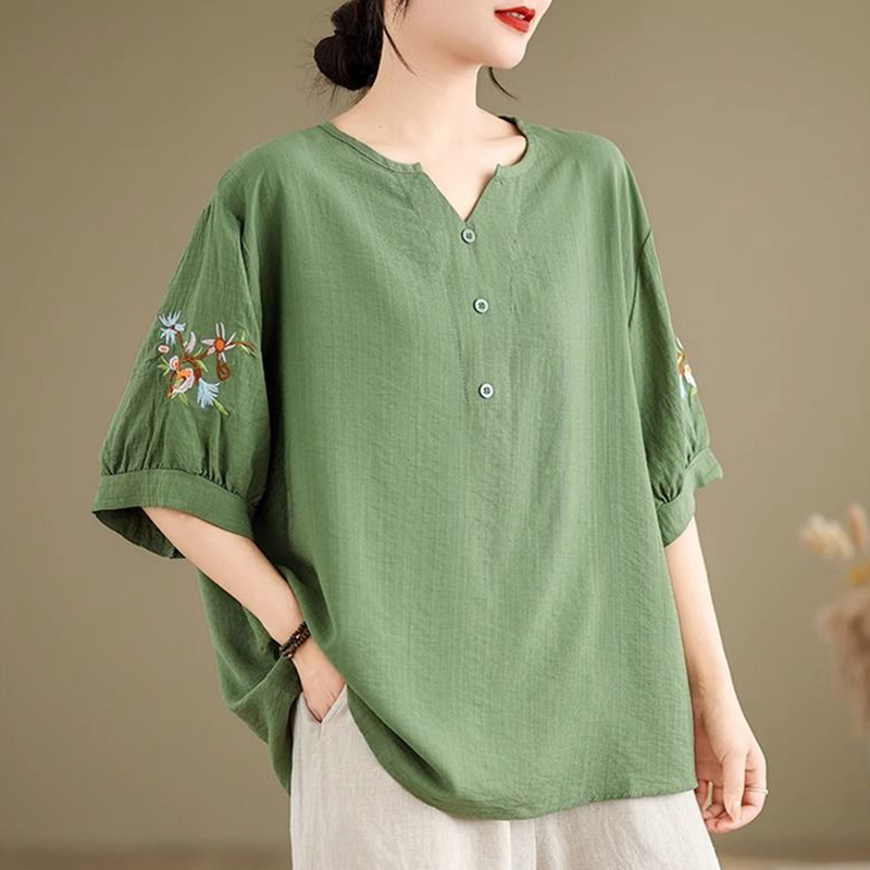 Retro Ethnic Style Embroidered Cotton and Linen Shirt for Women, 2026 Summer Thin Style, Middle-Aged Mom's Shirt, Elegant V-Neck Top