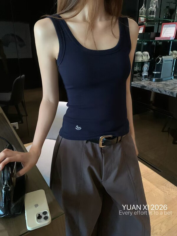 Yuanxi 3019-1 Spring/Summer New Style Horse Embroidery Versatile Solid Color Slim Fit U-Neck Tank Top Women's Base Shirt Top