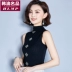 Áo khoác ngoài cổ cao nửa màu đen không tay trên cùng mỏng-vừa vặn áo vest nữ giảm béo cộng với kích thước sợi lưới đáy áo sơ mi với áo yếm - Áo ba lỗ