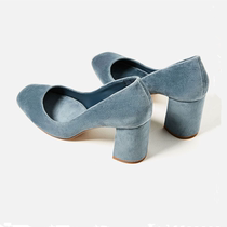 Velvet high heel shoe woman retro square head coarse heel single shoe 2022 new light mouth suede blue 100 hitch commuter OL